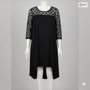 Nina Leonard Black Mesh Polka-Dot Yoke A-Line Midi Dress